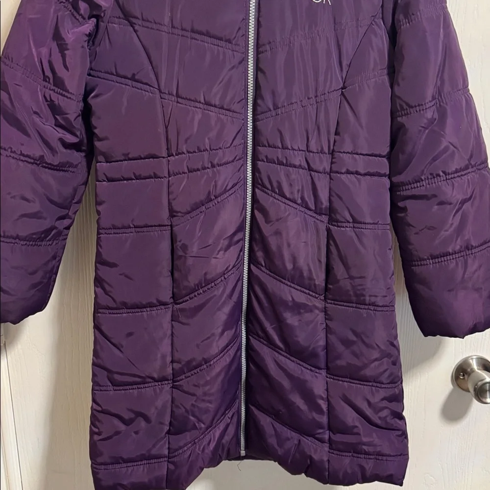Calvin Klein Girls‎ Large 12/14 Ariel Puffer Coat Purple Full Zip Faux Fur Hood